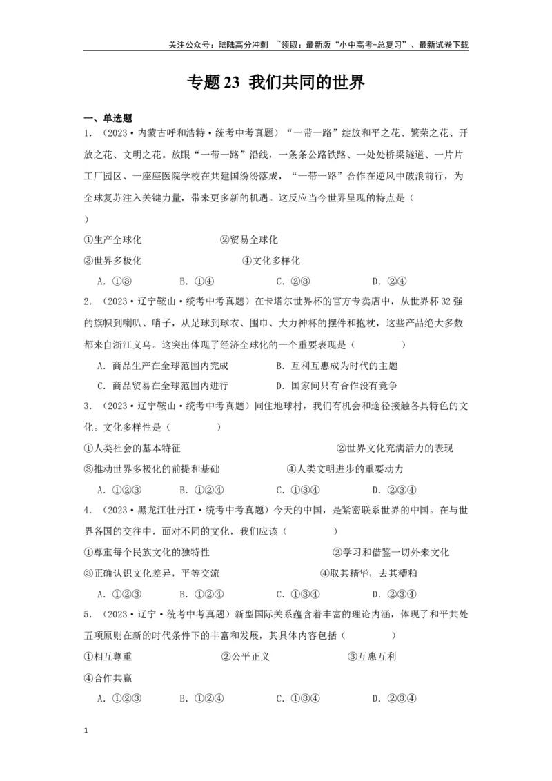 专题23我们共同的世界（原卷版）_02中考总复习（2026版更新中）_07-道法-中考总复习_2024年中考复习资料_专项复习资料_完三年（2021&mdash;2023）中考道德与法治真题分项汇编（全国通用）