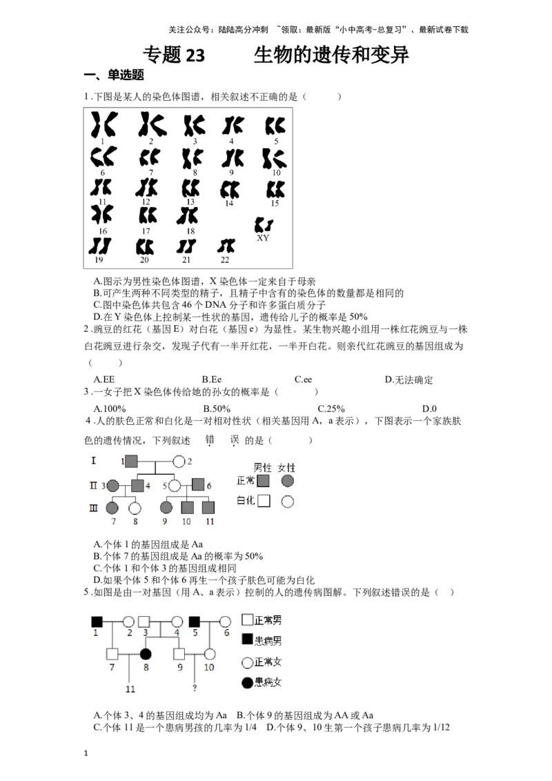 专题23生物的遗传和变异（原卷版）_02中考总复习（2026版更新中）_08-生物-中考总复习_2024年中考复习资料_一轮复习_配套练习
