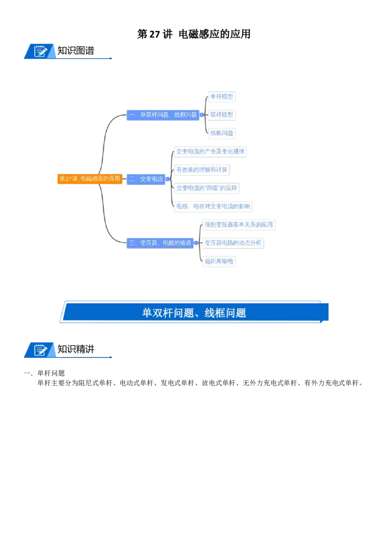 2023届新高考物理重点突破：第27讲电磁感应的应用_4.2025物理总复习_2023年新高复习资料_一轮复习_2023届高考物理一轮专题特训