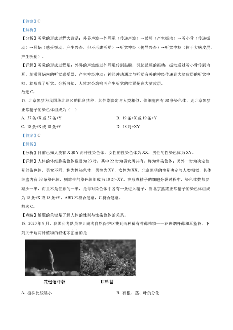 精品解析：北京市第四十三中学2021-2022学年八年级下学期期中生物试题（解析版）(1)_北京初中期末题_C605-京七八九_B京生物七八九_北京八下生物