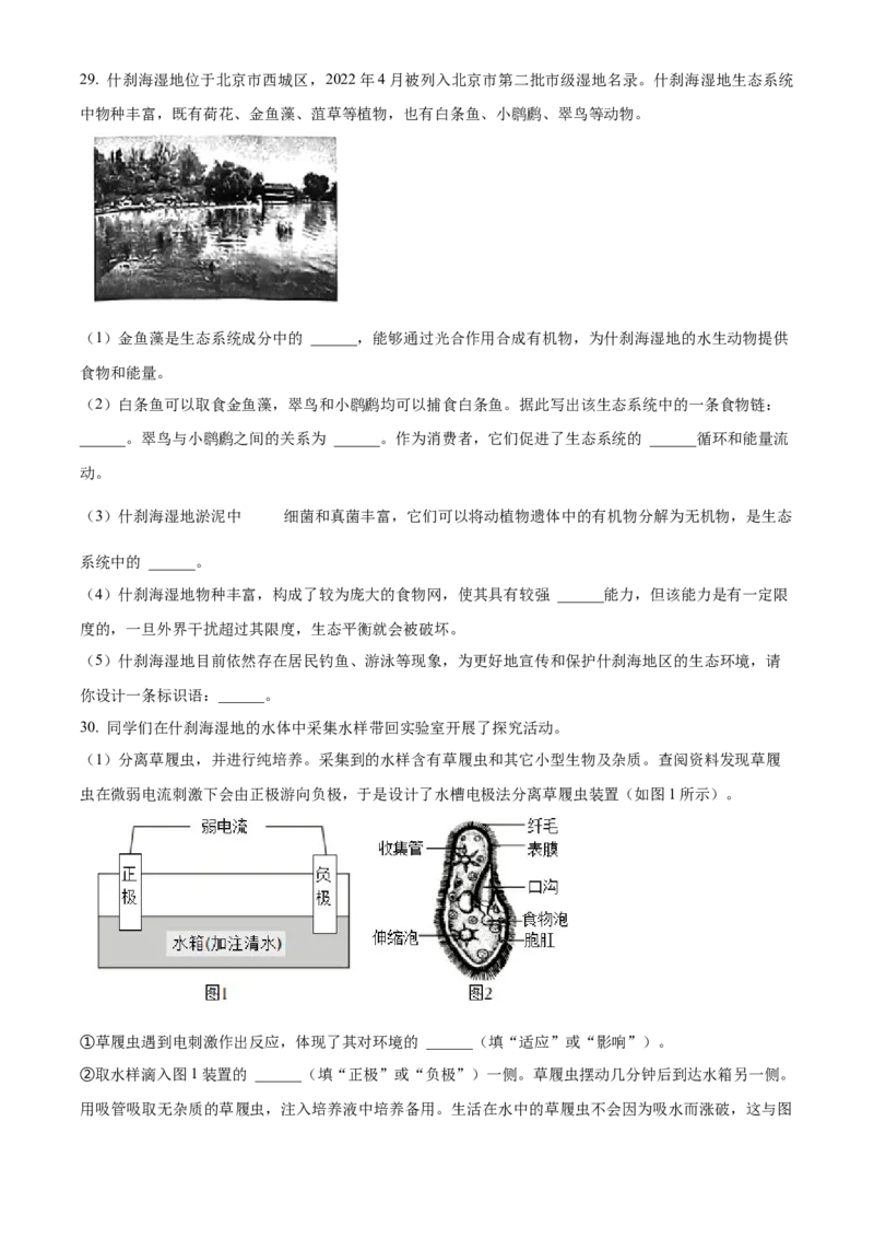 精品解析：北京市第四中学2022-2023学年七年级上学期期中生物试题（原卷版）(1)_北京初中期末题_C605-京七八九_B京生物七八九_北京7上生物_2022-2024_北京生物7上期中