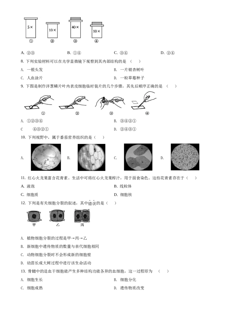 精品解析：北京市朝阳区2019-2020学年七年级上学期期末生物试题（原卷版）(1)_北京初中期末题_C605-京七八九_B京生物七八九_北京7上生物_2019-2020