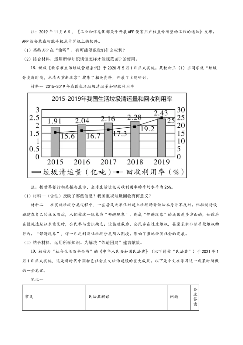 精品解析：北京市通州区2020-2021学年九年级上学期期末道德与法治试题（原卷版）(1)_北京初中期末题_C605-京七八九_B京市道德与法治七八九_道法_北京9上道法_2020-2021
