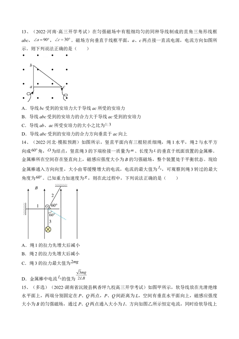 专题12.1　磁场及其对电流的作用练&mdash;&mdash;2023年高考物理一轮复习讲练测（新教材新高考通用）（原卷版）_4.2025物理总复习_2023年新高复习资料_一轮复习