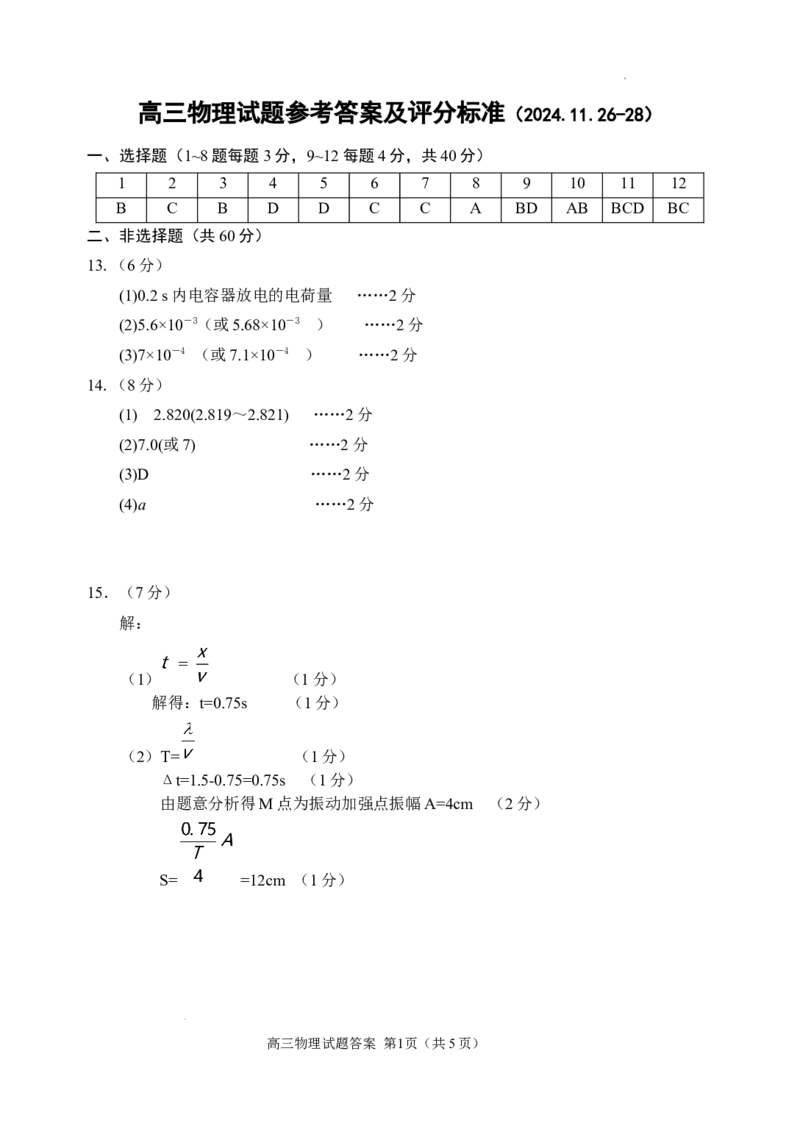 山东省威海市文登区2024-2025学年高三上学期第一次模拟考试试题物理答案_A1502026各地模拟卷（超值！）_12月_241209山东省威海市文登区2024-2025学年高三上学期第一次模拟考试试题