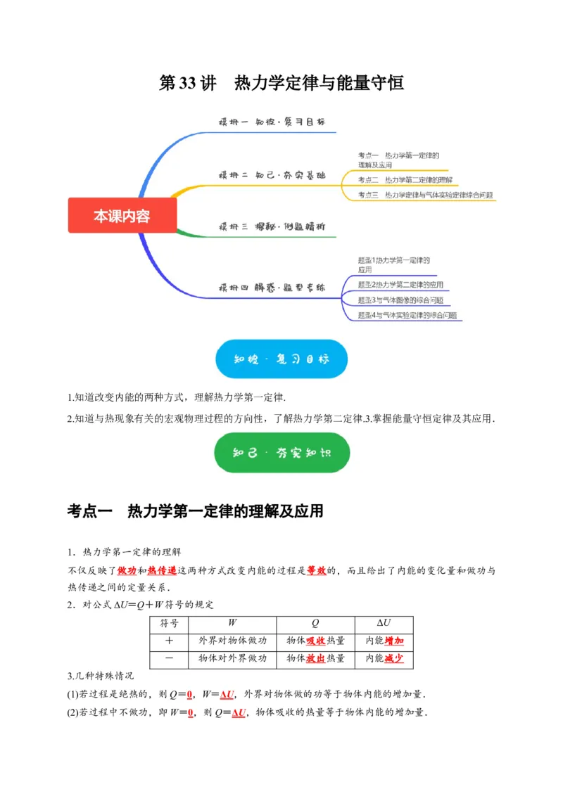 第33讲　热力学定律与能量守恒（解析版）_4.2025物理总复习_2025年新高考资料_一轮复习_2025届高考物理一轮复习考点精讲精练（全国通用）（完结）
