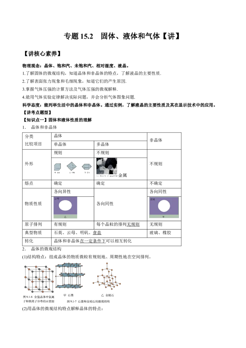 专题15.2　固体、液体和气体讲&mdash;&mdash;2023年高考物理一轮复习讲练测（新教材新高考通用）（原卷版）_4.2025物理总复习_2023年新高复习资料_一轮复习