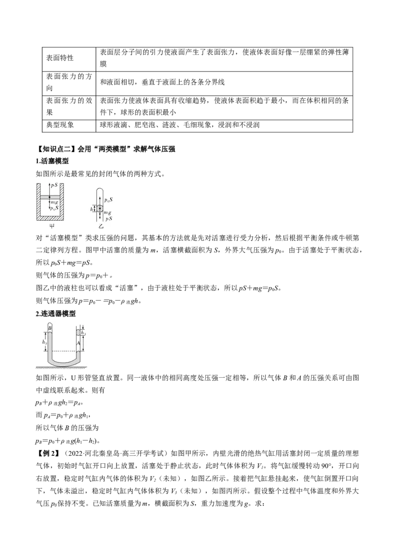 专题15.2　固体、液体和气体讲&mdash;&mdash;2023年高考物理一轮复习讲练测（新教材新高考通用）（原卷版）_4.2025物理总复习_2023年新高复习资料_一轮复习