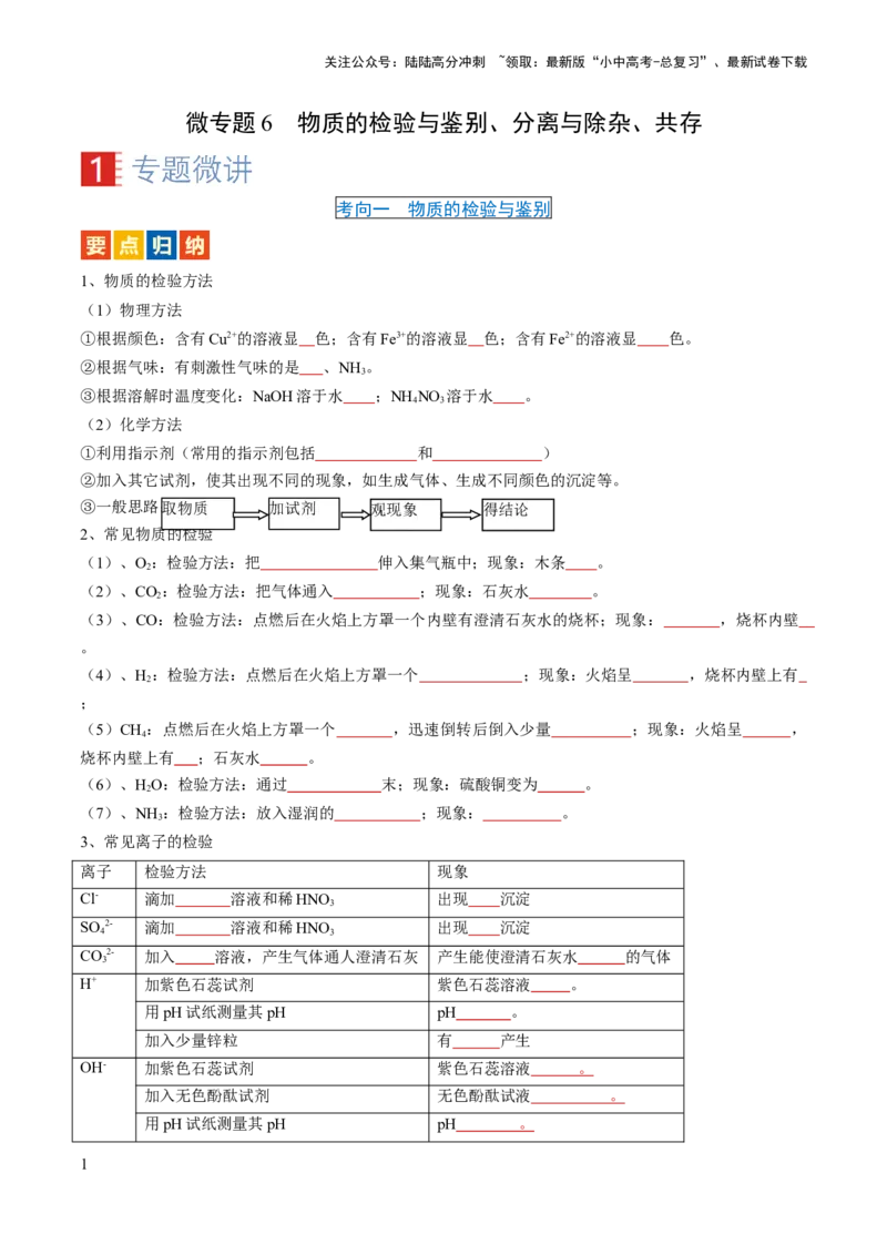 微专题6物质的检验与鉴别、分离与除杂、共存（原卷版）_02中考总复习（2026版更新中）_05-化学-中考总复习_2024年中考复习资料_一轮复习资料_微专题突破