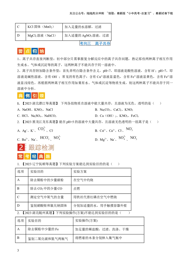 微专题6物质的检验与鉴别、分离与除杂、共存（原卷版）_02中考总复习（2026版更新中）_05-化学-中考总复习_2024年中考复习资料_一轮复习资料_微专题突破