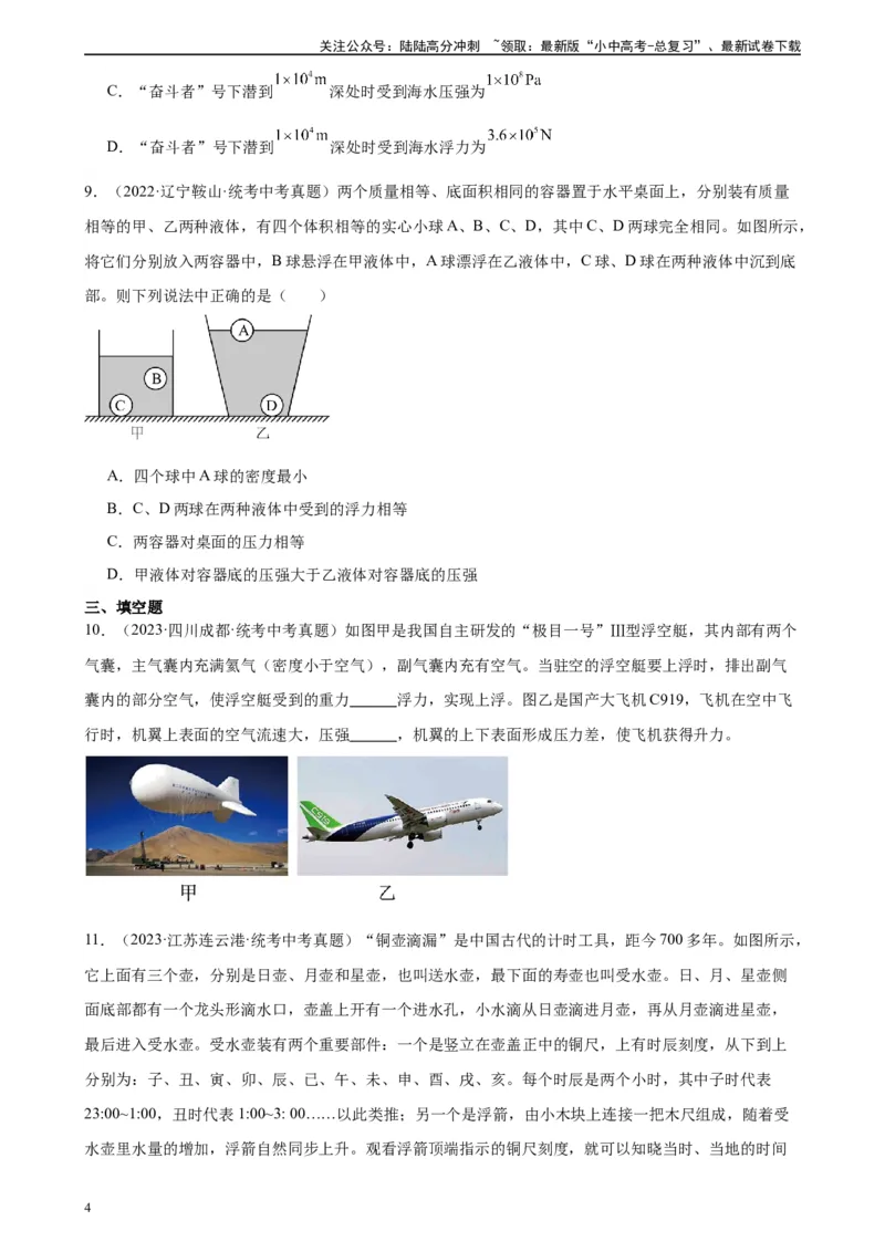 浮力和压强综合专项训练（学生版）_02中考总复习（2026版更新中）_04-物理-中考总复习_2024年中考复习资料_专项复习资料_完三年（2021&mdash;2023）中考真题分项精编（全国通用）_专项训练