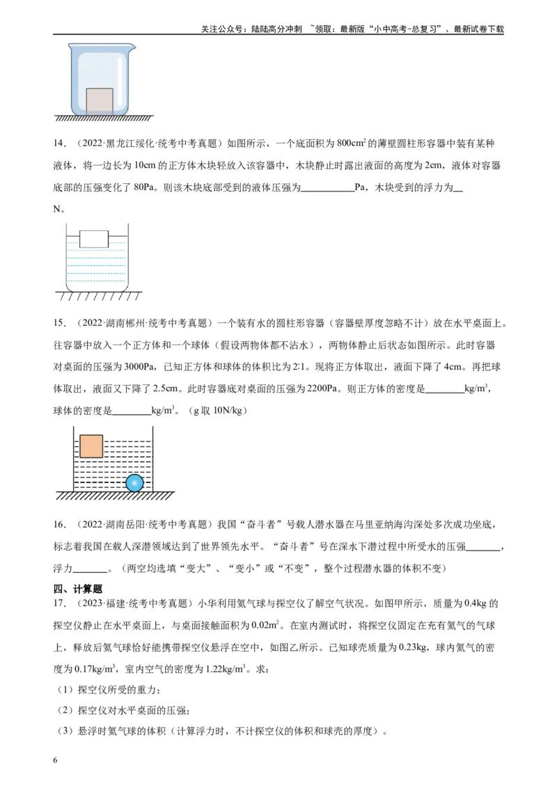 浮力和压强综合专项训练（学生版）_02中考总复习（2026版更新中）_04-物理-中考总复习_2024年中考复习资料_专项复习资料_完三年（2021&mdash;2023）中考真题分项精编（全国通用）_专项训练
