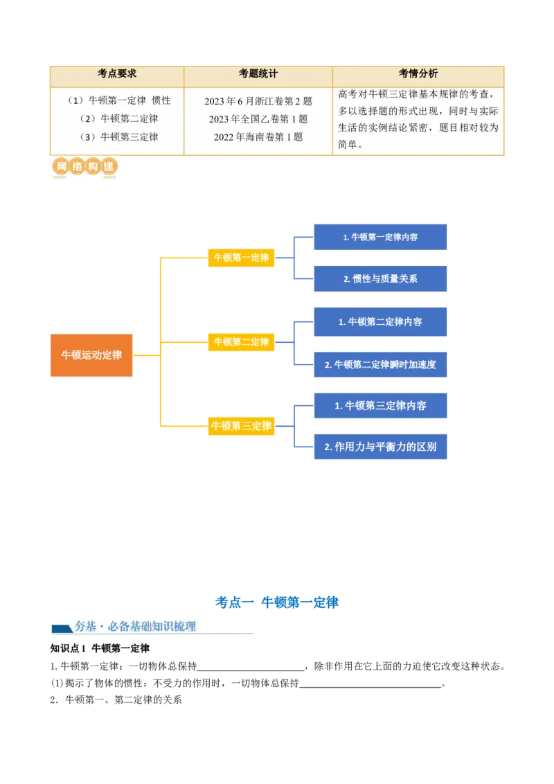 第12讲牛顿运动定律（讲义）（原卷版）_4.2025物理总复习_2024年新高考资料_1.2024一轮复习_2024年高考物理一轮复习讲练测（新教材新高考）_第12讲牛顿运动定律（讲义）