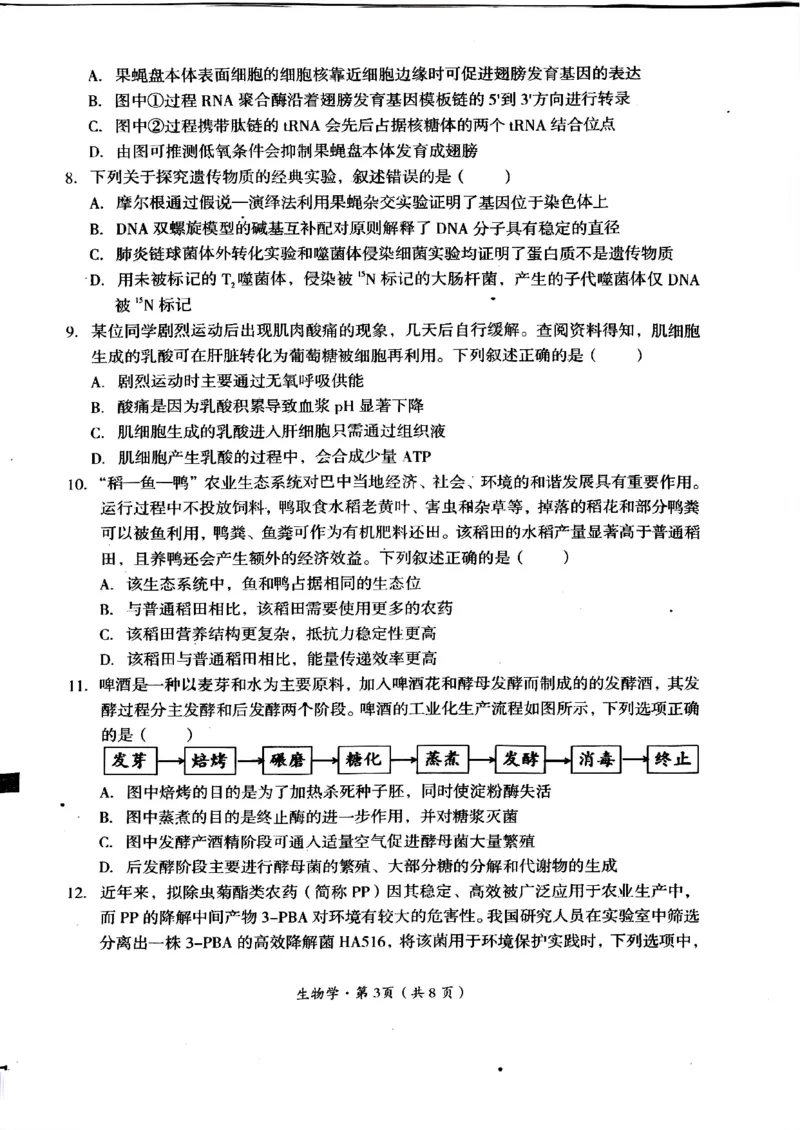 2025届四川省巴中市高三&ldquo;零诊&rdquo;考试生物试题_A1502026各地模拟卷（超值！）_9月_240920四川省巴中市2025届高三上学期&ldquo;零诊&rdquo;考试