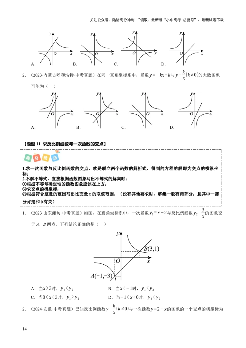 热点04一次函数与反比例函数（12大题型+高分技法+限时提升练）（原卷版）_02中考总复习（2026版更新中）_02-数学-中考总复习_2025中考复习资料_2025年中考数学二轮重点专题专练_热点专练