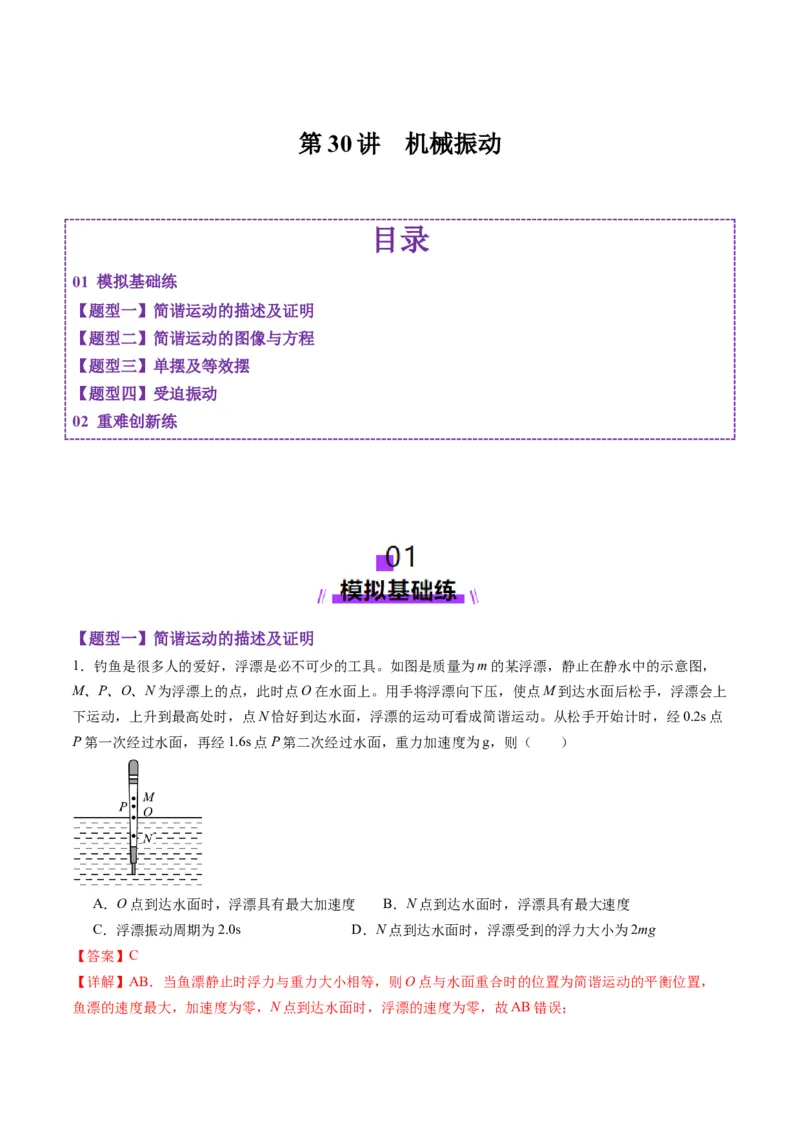 第30讲机械振动（练习）（解析版）_4.2025物理总复习_2025年新高考资料_一轮复习_2025年高考物理一轮复习讲练测（新教材新高考）