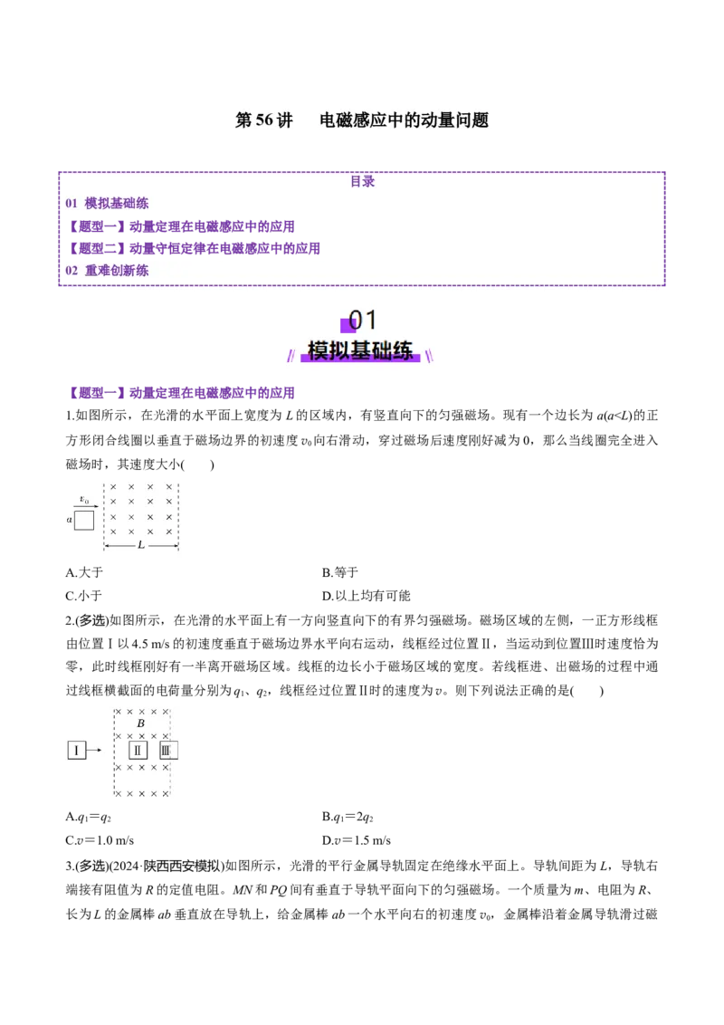 第56讲电磁感应中的动量问题（练习）（原卷版）_4.2025物理总复习_2025年新高考资料_一轮复习_2025年高考物理一轮复习讲练测（新教材新高考）