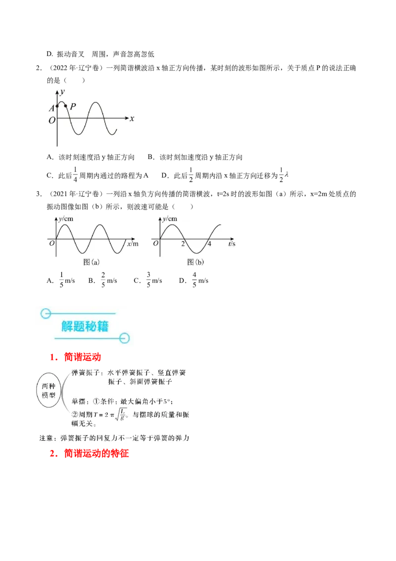 押第5题：振动和波-备战2024年高考物理临考题号押题（辽宁、黑龙江、吉林专用）（考试版）_4.2025物理总复习_2024年新高考资料_5.2024三轮冲刺