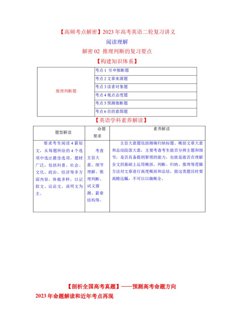 2023年高考英语二轮复习教案（新高考专用）阅读理解02推理判断Word版无答案_3.2025英语总复习_2023年新高考资料_二轮复习_新高考专用2023年高考英语二轮复习教案+试题（含解析）