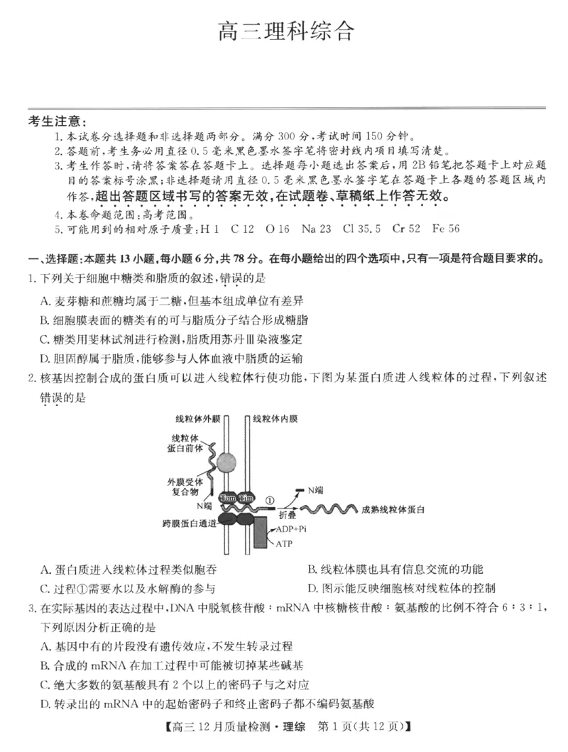 理综_4.2025物理总复习_2023年新高复习资料_3物理高考模拟题_新高考_2023届九师联盟高三12月巩固卷理综_2023届九师联盟高三12月巩固卷理综