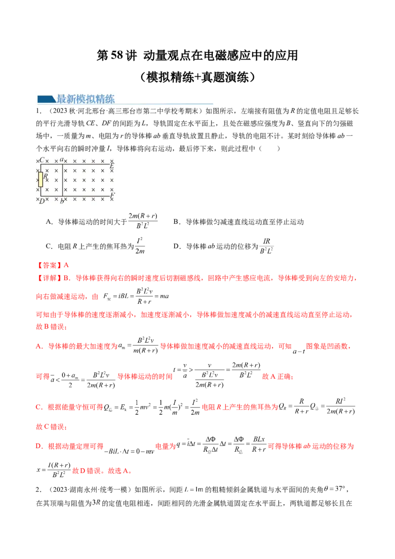 第58讲动量观点在电磁感应中的应用（练习）（解析版）_4.2025物理总复习_2024年新高考资料_1.2024一轮复习_2024年高考物理一轮复习讲练测（新教材新高考）