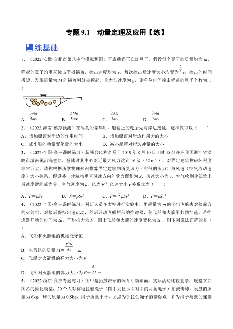 专题9.1　动量定理及应用练&mdash;&mdash;2023年高考物理一轮复习讲练测（新教材新高考通用）（原卷版）_4.2025物理总复习_2023年新高复习资料_一轮复习