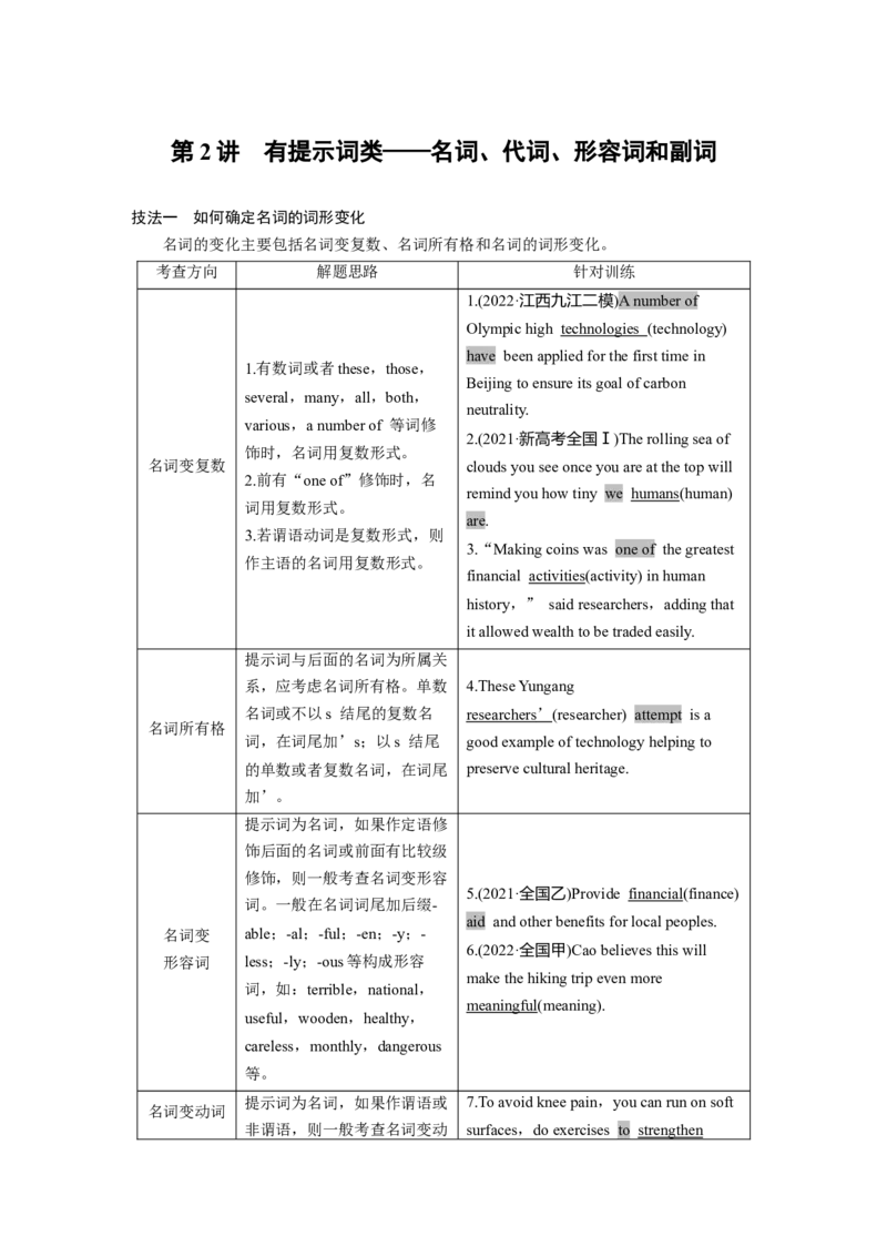 2023年高考英语二轮复习（全国版）第2部分完形填空与语法填空　专题4　第2讲　有提示词类&mdash;&mdash;名词、代词、形容词和副词_3.2025英语总复习_赠品通用版（老高考）复习资料