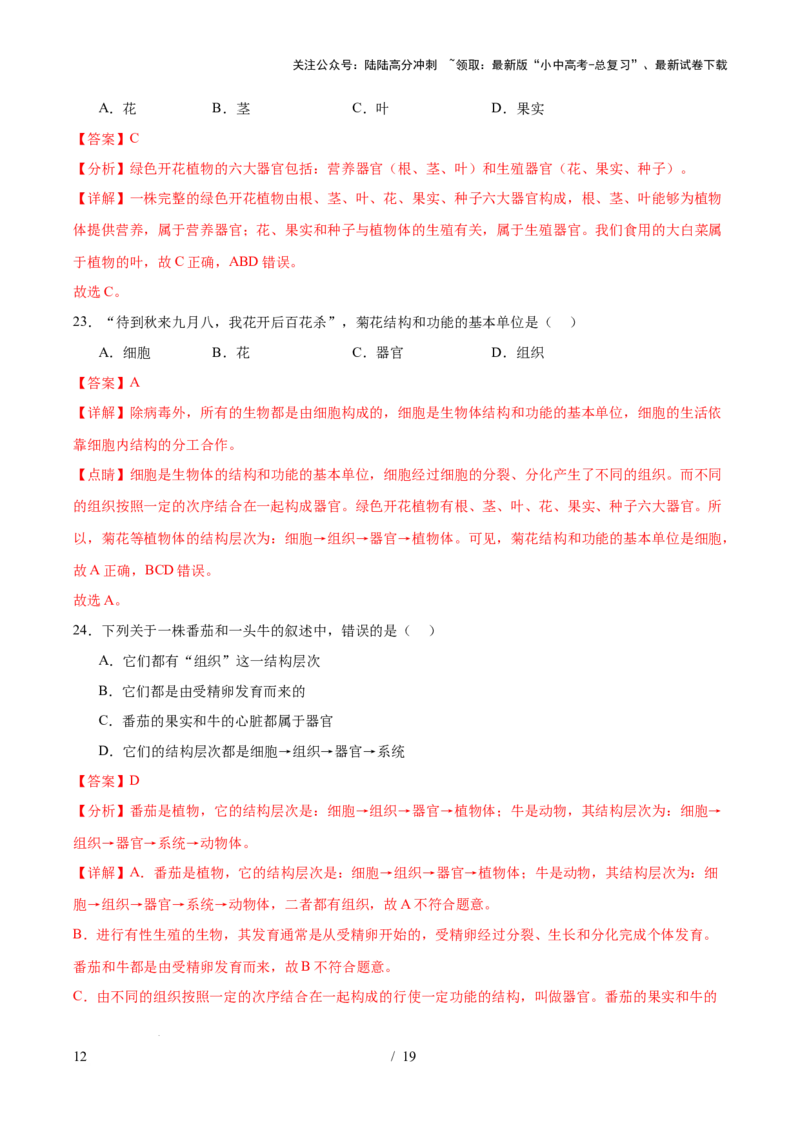 主题01生物体的结构层次（测试）（解析版）_02中考总复习（2026版更新中）_08-生物-中考总复习_2025中考复习资料_2025中考二轮课件ppt+讲义+练习生物_测试