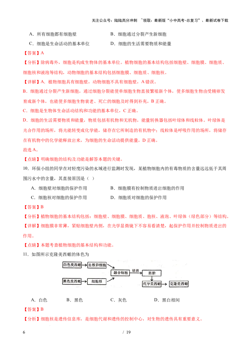 主题01生物体的结构层次（测试）（解析版）_02中考总复习（2026版更新中）_08-生物-中考总复习_2025中考复习资料_2025中考二轮课件ppt+讲义+练习生物_测试