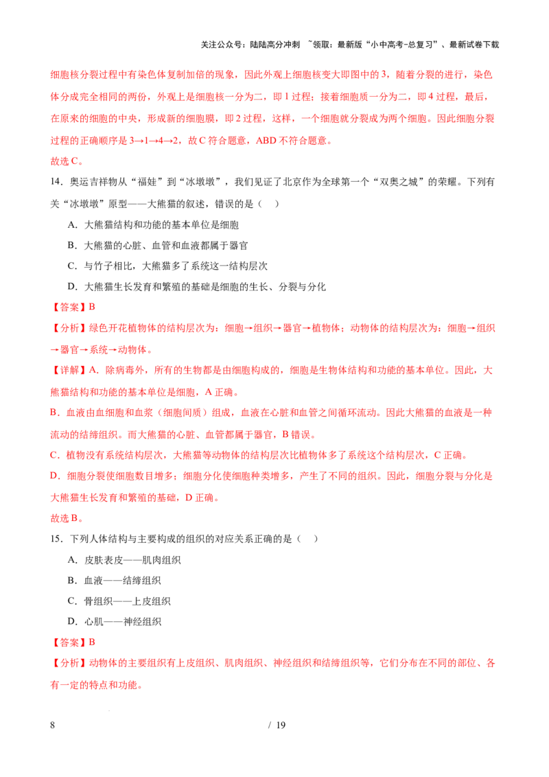 主题01生物体的结构层次（测试）（解析版）_02中考总复习（2026版更新中）_08-生物-中考总复习_2025中考复习资料_2025中考二轮课件ppt+讲义+练习生物_测试