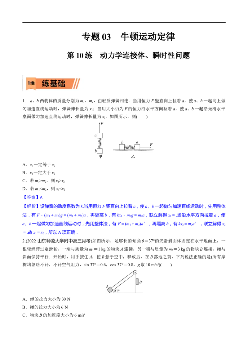第10练动力学连接体、瞬时性问题-2023年高考物理一轮复习小题多维练（全国通用）（解析版）_4.2025物理总复习_赠品通用版（老高考）复习资料_一轮复习