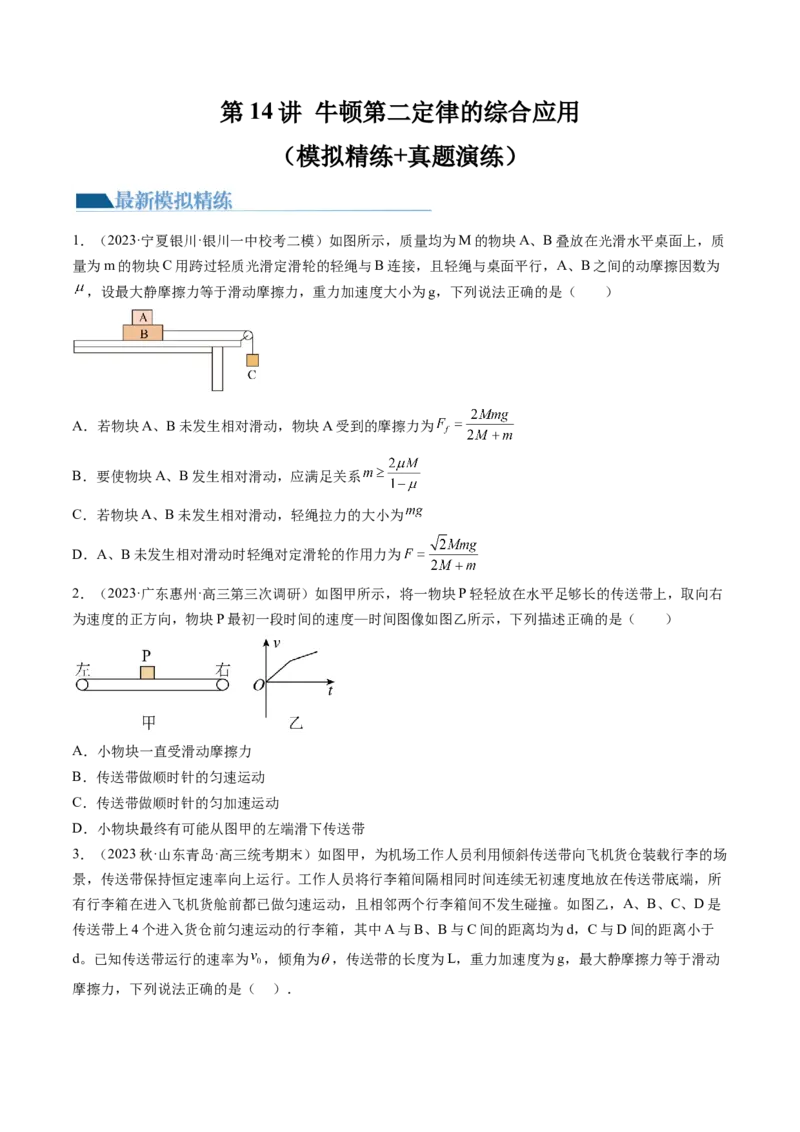第14讲牛顿第二定律的综合应用（练习）（原卷版）_4.2025物理总复习_2024年新高考资料_1.2024一轮复习_2024年高考物理一轮复习讲练测（新教材新高考）