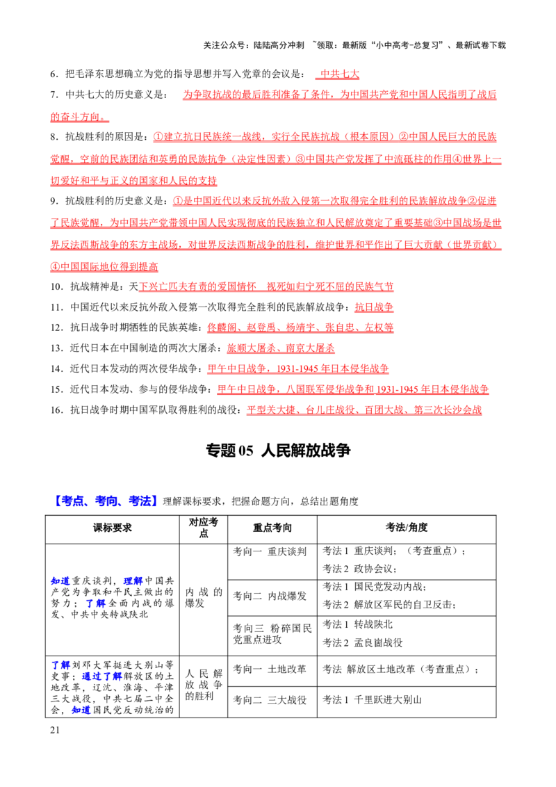 主题15++常考点一句话背记（中国近现代史）-2025年中考历史一轮知识点梳理_02中考总复习（2026版更新中）_06-历史-中考总复习_2025年中考复习资料_2025年中考历史一轮知识点梳理