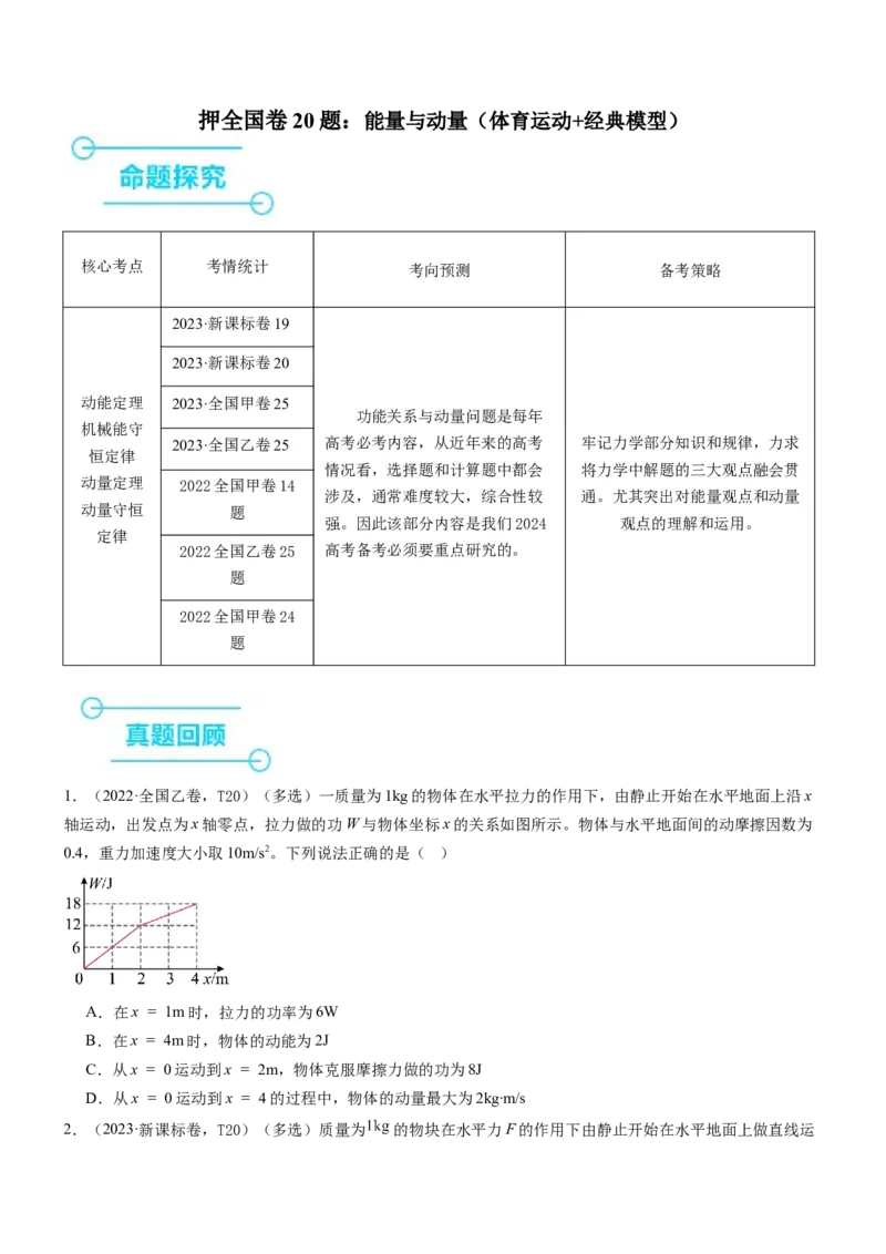 押全国卷20题：能量与动量（体育运动+经典模型）（原卷版）_4.2025物理总复习_2024年新高考资料_5.2024三轮冲刺_备战2024年高考物理临考题号押题（新高考通用）324057615