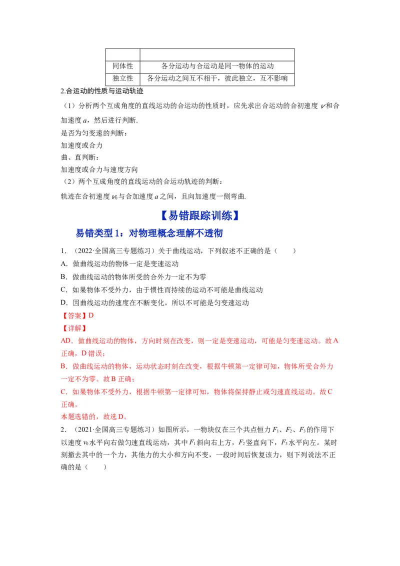 备战2023年高考物理考试易错题&mdash;&mdash;易错点07曲线运动运动的合成与分解答案_4.2025物理总复习_2023年新高复习资料_一轮复习_备战2023新高考物理一轮复习考试易错题（含答案）