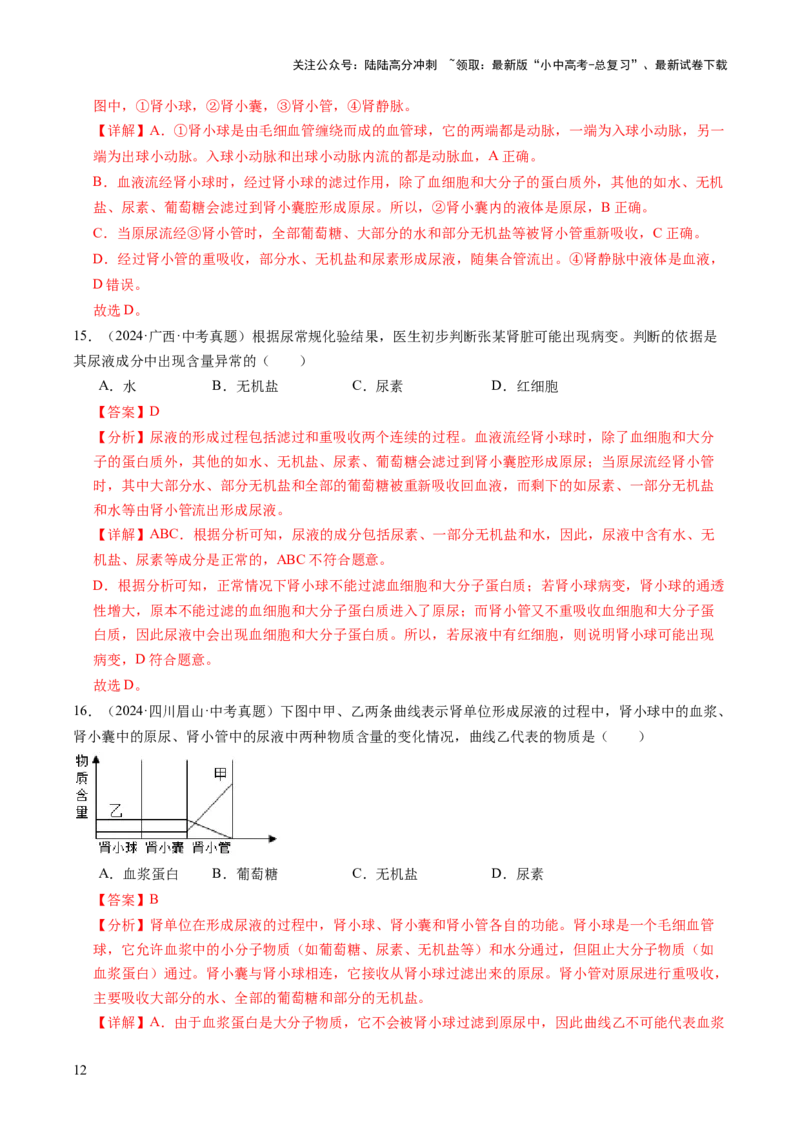 主题五人体生理与健康（讲练）（解析版）_02中考总复习（2026版更新中）_08-生物-中考总复习_2025中考复习资料_2025中考二轮课件ppt+讲义+练习生物_讲义+练习