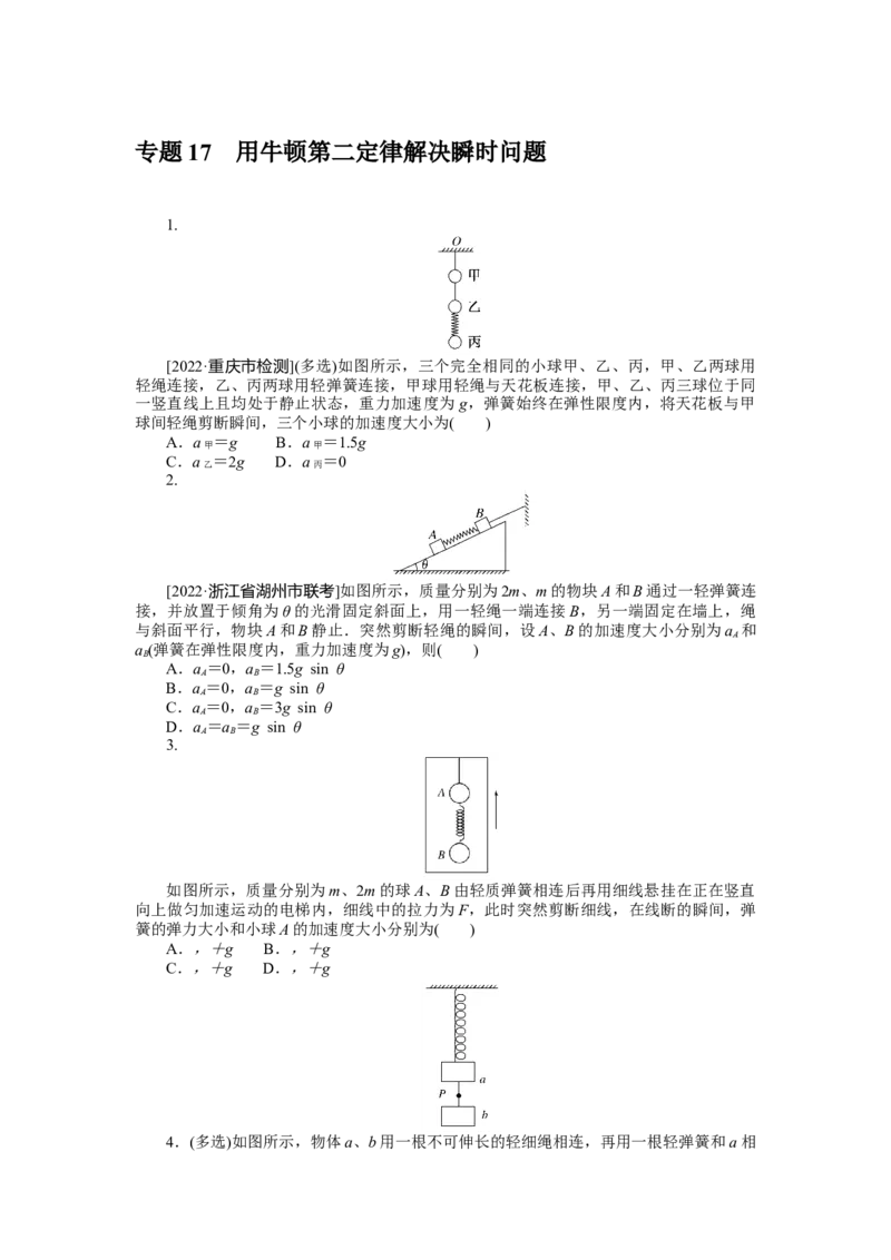 专题17用牛顿第二定律解决瞬时问题_4.2025物理总复习_2023年新高复习资料_专项复习_2023《微专题&middot;小练习》&middot;物理&middot;新教材&middot;XL-5