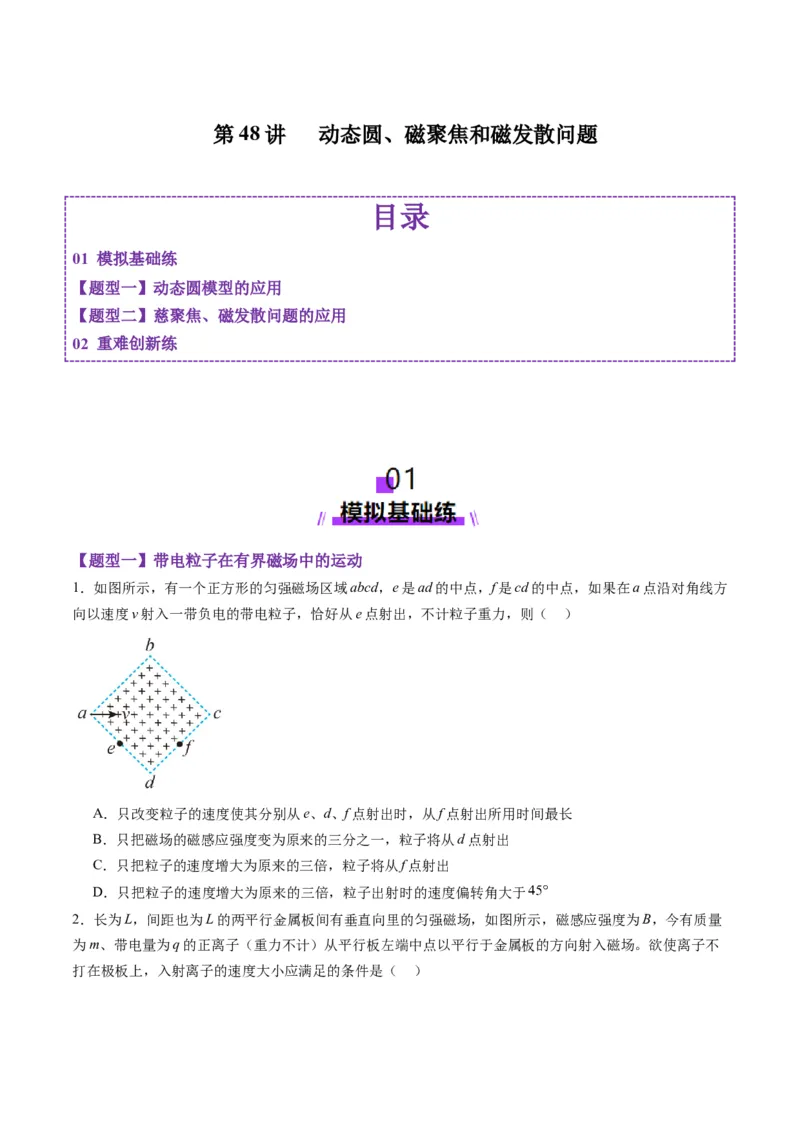 第48讲动态圆、磁聚焦和磁发散问题（练习）（原卷版）_4.2025物理总复习_2025年新高考资料_一轮复习_2025年高考物理一轮复习讲练测（新教材新高考）