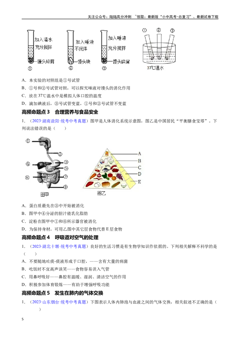 清单05人体的营养与呼吸（5大考点+5大高频命题点）（学生版）_02中考总复习（2026版更新中）_08-生物-中考总复习_2024年中考复习资料_一轮复习