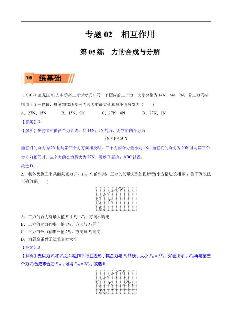 第05练力的合成与分解-2023年高考物理一轮复习小题多维练（全国通用）（解析版）_4.2025物理总复习_赠品通用版（老高考）复习资料_一轮复习