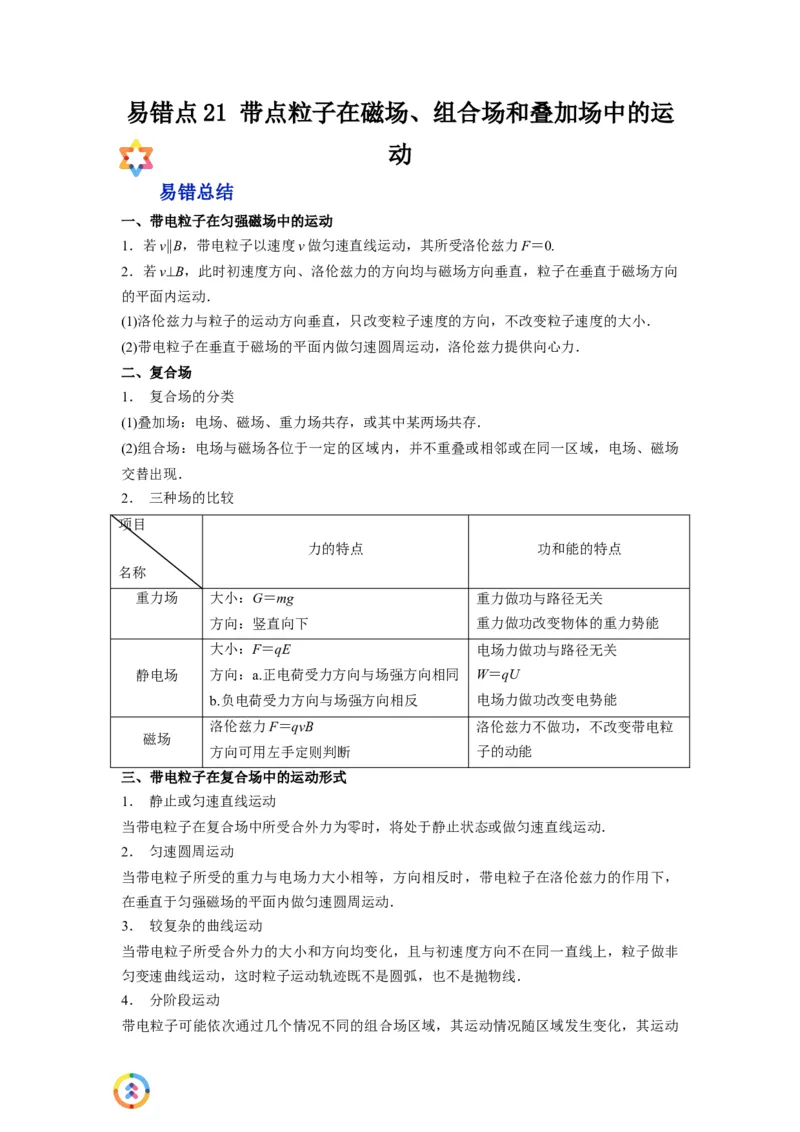 备战2023年高考物理考试易错题&mdash;易错点21带点粒子在磁场、组合场和叠加场中的运动_4.2025物理总复习_2023年新高复习资料_一轮复习_备战2023新高考物理一轮复习考试易错题（含答案）