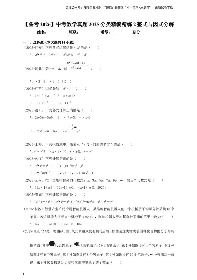 备考2026中考数学真题2025分类精编精练2整式与因式分解（含解析）_02中考总复习（2026版更新中）_02-数学-中考总复习_2026年中考复习（更新中）