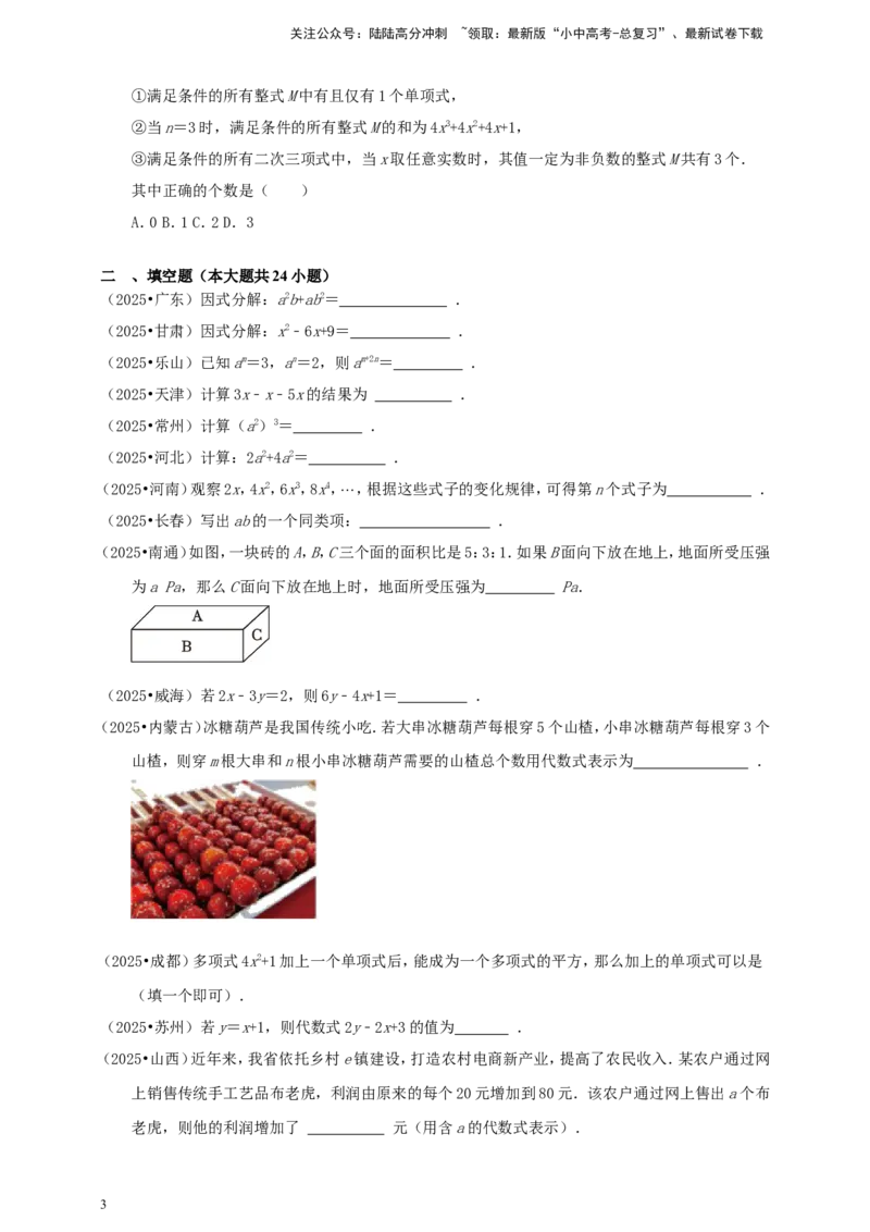 备考2026中考数学真题2025分类精编精练2整式与因式分解（含解析）_02中考总复习（2026版更新中）_02-数学-中考总复习_2026年中考复习（更新中）