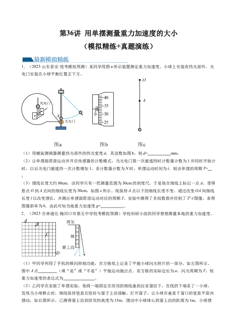 第36讲用单摆测量重力加速度的大小（练习）（原卷版）_4.2025物理总复习_2024年新高考资料_1.2024一轮复习_2024年高考物理一轮复习讲练测（新教材新高考）