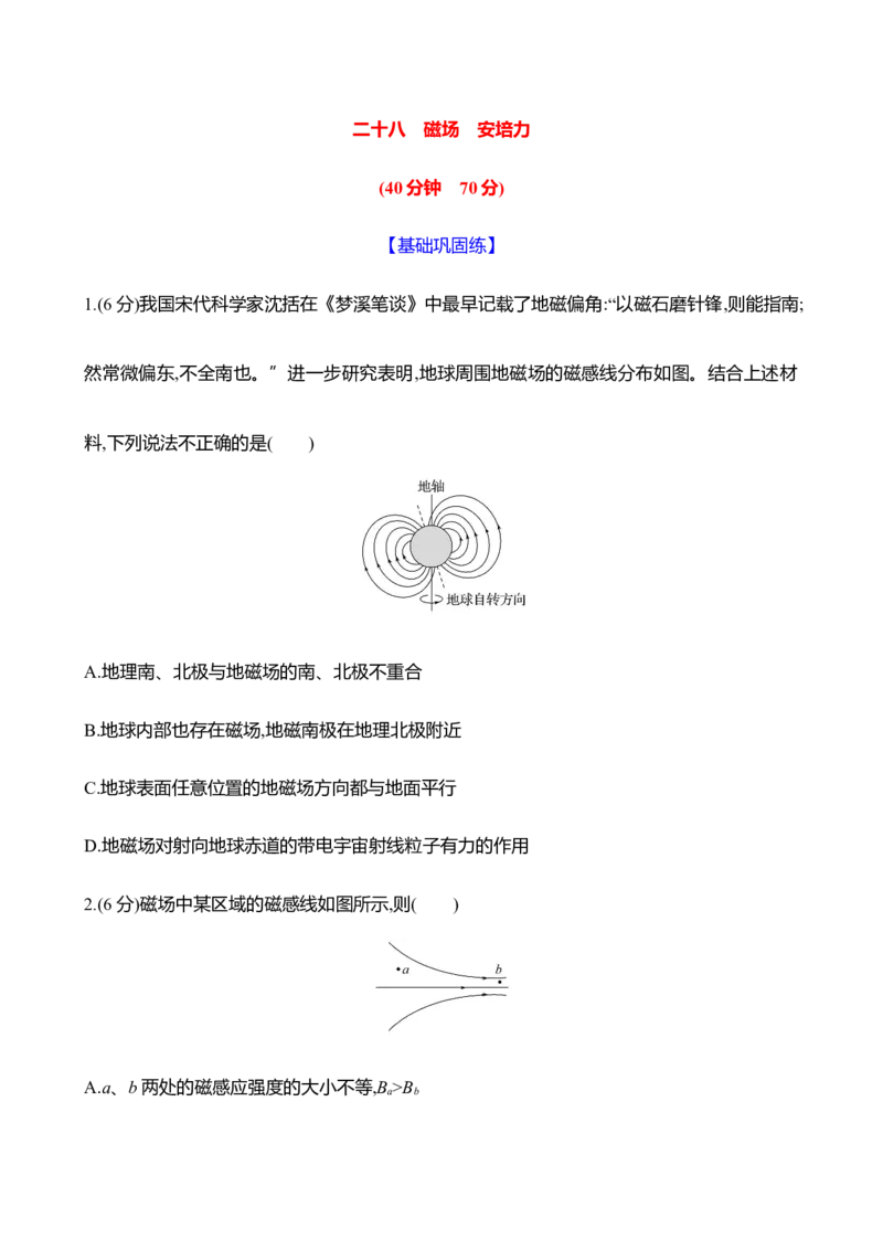 二十八：磁场安培力（含解析）_4.2025物理总复习_2025年新高考资料_专项复习_2025新高考物理核心素养测评（含解析）（完结）