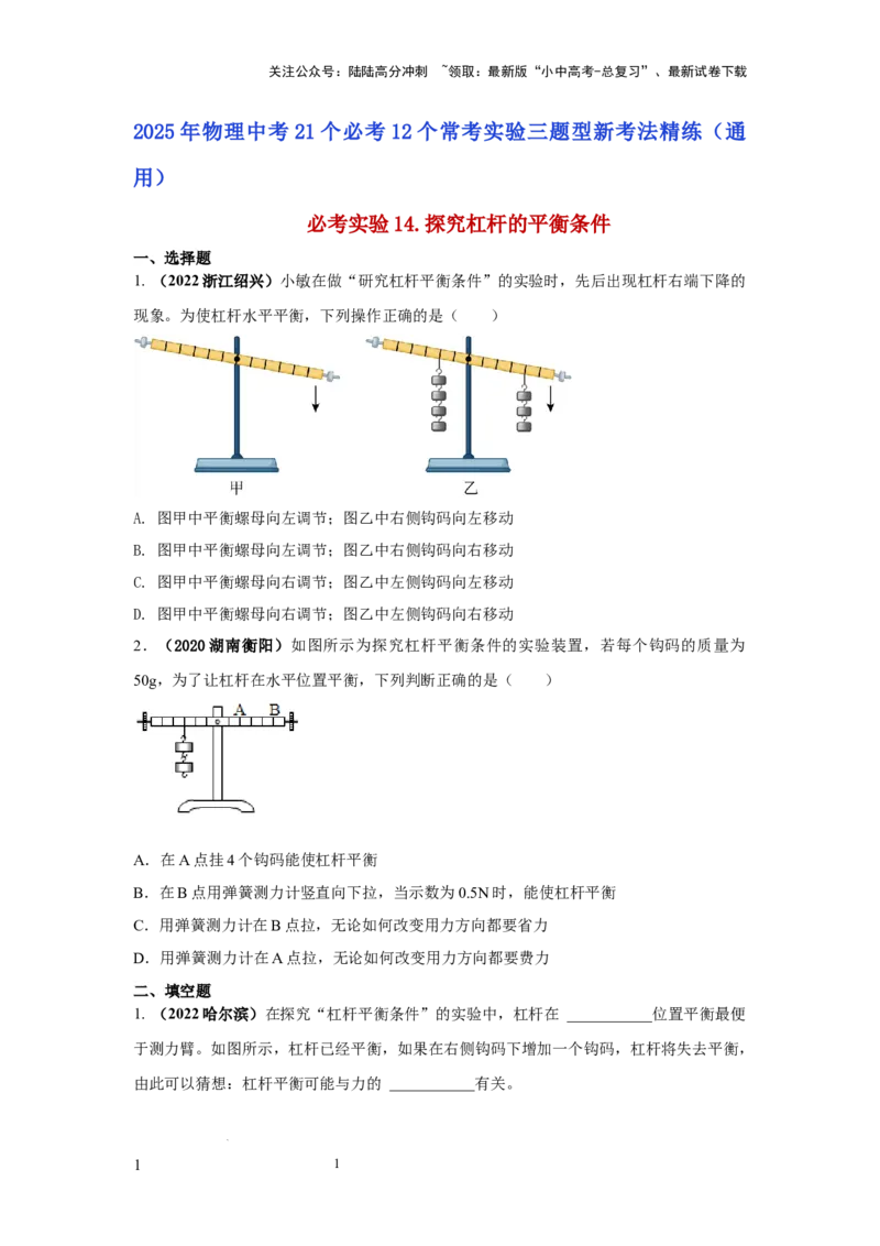 必考实验14.探究杠杆的平衡条件（原卷版）_02中考总复习（2026版更新中）_04-物理-中考总复习_2025年中考复习资料_2025年物理中考二轮复习21个必考12个常考实验三题型新考法专项精练