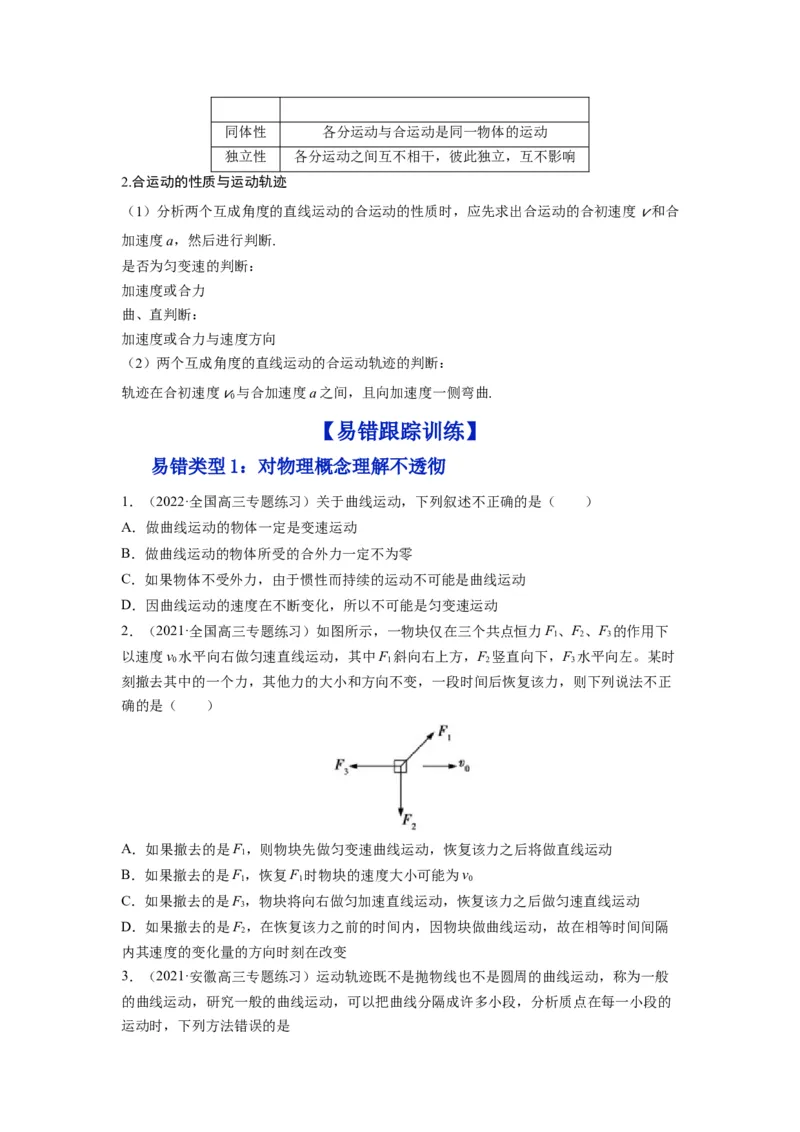 备战2023年高考物理考试易错题&mdash;&mdash;易错点07曲线运动运动的合成与分解_4.2025物理总复习_2023年新高复习资料_一轮复习_备战2023新高考物理一轮复习考试易错题（含答案）