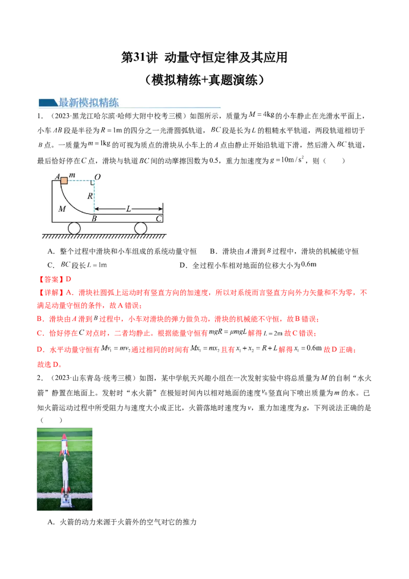 第31讲动量守恒定律及其应用（练习）（解析版）_4.2025物理总复习_2024年新高考资料_1.2024一轮复习_2024年高考物理一轮复习讲练测（新教材新高考）_第31讲动量守恒定律及其应用（练习）