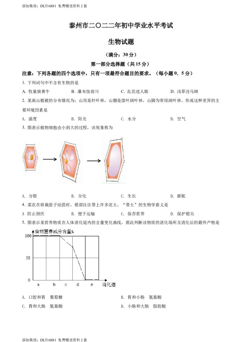 精品解析：2022年江苏省泰州市中考生物真题（原卷版）_江苏省中考_01江苏省13市中考历年真题2008-2025新_、中考全套_江苏省中考历年真题_江苏中考生物(2010年-2024年）