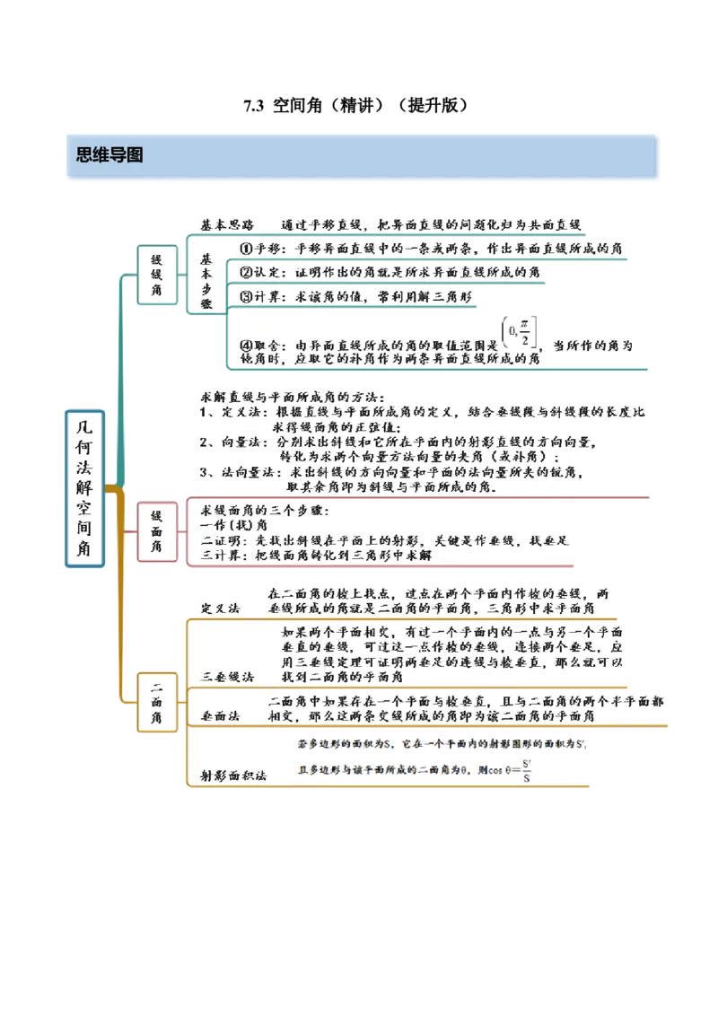 7.3空间角（精讲）（提升版）（原卷版）_2.2025数学总复习_2023年新高考资料_一轮复习_2023年高考数学一轮复习（提升版）（新高考地区专用）